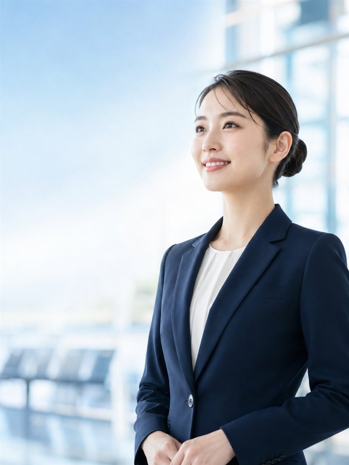 航空会社の面接に臨む、清潔感のあるCA志望の女性のイメージ